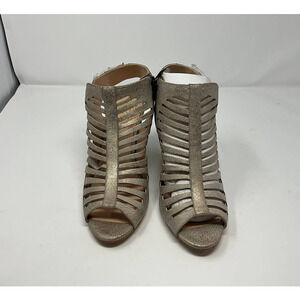 Vince Camuto VC-Eliana Women Gold Leather Peep Toe Ankle Zip Caged Sandal US 10M